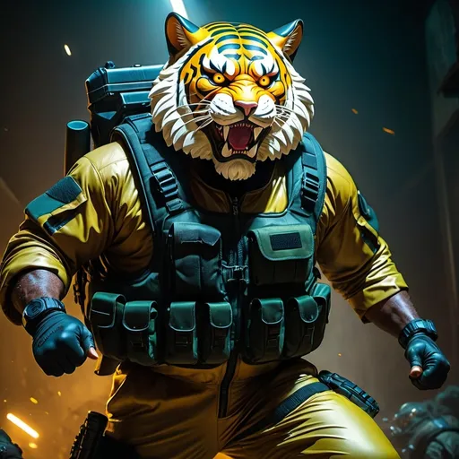 Prompt: (a dark-skinned bearded fat muscular old man in a bulky army camouflage zipper diver suit) holding a rifle, (wearing a small-sized realistic roaring tiger mask), dynamic action pose, fierce expression, showcasing an imposing stature, surrounded by military elements, dramatic shadows and intense highlights, cinematic color tones, high detail, powerful, art influenced by Bruce Onobrakpeya and Stanley Artgerm, ultra-detailed, best quality image, action-packed atmosphere. fighting stance