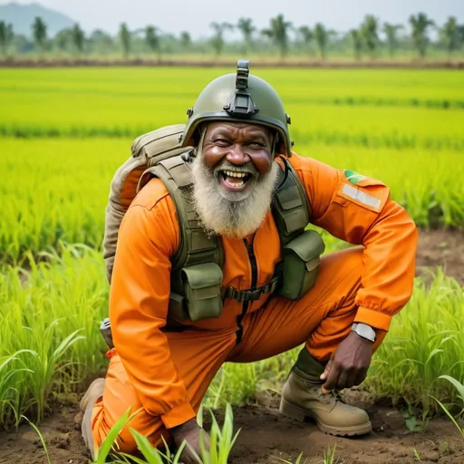 Prompt: a ((dark-skinned fat bearded old man in orange pilot suit)  (wearing green army helmet on his head) crouching in a field, wearing army boots, Bruce Onobrakpeya, sumatraism, stanley artgermm, masculine, full round face, a stock photo, laughing, action pose