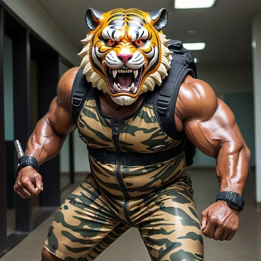 Prompt: (a dark-skinned bearded muscular fat old man in a bulky camouflage zipper diver suit) carrying a rifle and (wearing proportionate realistic roaring tiger mask that show the wearer eyes), muscular, Bruce Onobrakpeya, sumatraism, stanley artgermm, muscular physique, imposing stature,  action, heroic, fierce, snarling, best quality
