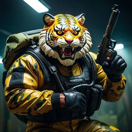 Prompt: (a dark-skinned bearded fat muscular old man in a bulky army camouflage zipper diver suit) holding a gun, (wearing a small-sized realistic roaring tiger mask), dynamic action pose, fierce expression, showcasing an imposing stature, surrounded by military elements, dramatic shadows and intense highlights, cinematic color tones, high detail, powerful, art influenced by Bruce Onobrakpeya and Stanley Artgerm, ultra-detailed, best quality image, action-packed atmosphere.