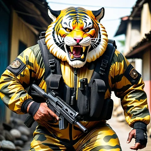 Prompt: (a dark-skinned bearded fat old man in a bulky camouflage zipper diver suit) holding a gun and (wearing realistic roaring tiger mask that show the wearer eyes), muscular, Basuki Abdullah, sumatraism, action, a character portrait, heroic, fierce, snarling, best quality
