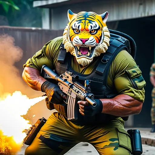 Prompt: (a dark-skinned bearded fat muscular old man in a bulky army camouflage zipper diver suit) shooting with gun and (wearing small-sized realistic roaring tiger mask), muscular, imposing stature, Bruce Onobrakpeya, sumatraism, stanley artgermm, action, fierce, snarling, best quality, furious

