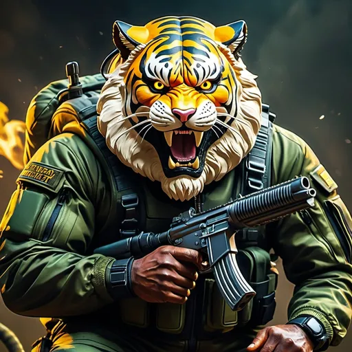 Prompt: (a dark-skinned bearded fat muscular old man in a bulky army camouflage zipper diver suit) holding a gun, (carrying a small-sized realistic roaring tiger mask in left hand), dynamic action pose, fierce expression, showcasing an imposing stature, surrounded by military elements, dramatic shadows and intense highlights, cinematic color tones, high detail, powerful, art influenced by Bruce Onobrakpeya and Stanley Artgerm, ultra-detailed, best quality image, action-packed atmosphere. field background