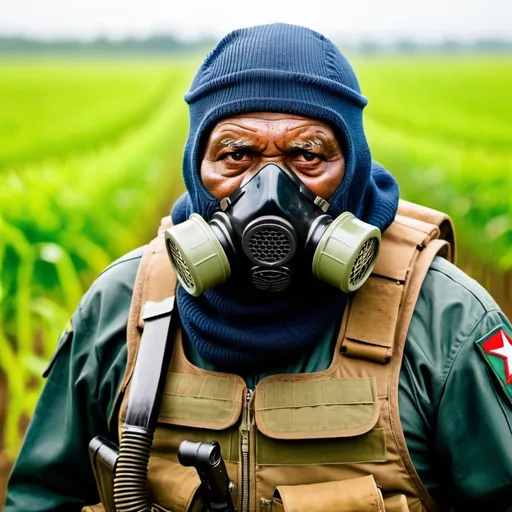 Prompt: (a dark-skinned elderly chubby bulky old man in military air force pilot gear) wearing balaclava and gasmask covering his mouth and nose, patrolling in a field with rifle, Bruce Onobrakpeya, sumatraism, stanley artgermm, professional photo, a stock photo, fierce, heroic