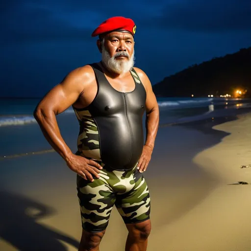 Prompt: (a dark-skinned bearded fat old man in camouflage skintight wetsuit) in an empty beach at night and (wearing red army beret on his head), wearing army boots, muscular, Basuki Abdullah, sumatraism, action, heroic, furious