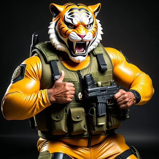 Prompt: (a dark-skinned bearded fat muscular old man in a fullbody army camouflage zipper diver suit) (wearing small-sized realistic roaring tiger mask), thumbs up, carrying a gun inside of his holster, muscular, toned muscles, Bruce Onobrakpeya, sumatraism, stanley artgermm, action, fierce, snarling, best quality
