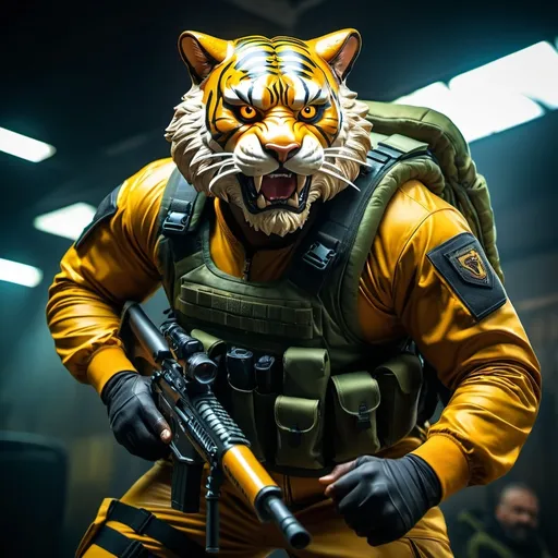 Prompt: (a dark-skinned bearded fat muscular old man in a bulky army camouflage zipper diver suit) holding a rifle, (wearing a small-sized realistic roaring tiger mask), dynamic action pose, fierce expression, showcasing an imposing stature, surrounded by military elements, dramatic shadows and intense highlights, cinematic color tones, high detail, powerful, art influenced by Bruce Onobrakpeya and Stanley Artgerm, ultra-detailed, best quality image, action-packed atmosphere. fighting stance