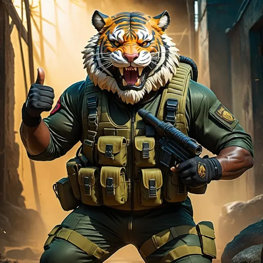 Prompt: (a dark-skinned bearded fat muscular old man in a bulky army camouflage zipper diver suit), thumbs up, carrying a rifle, (wearing a small-sized realistic roaring tiger mask), dynamic action pose, fierce expression, showcasing an imposing stature, surrounded by military elements, dramatic shadows and intense highlights, cinematic color tones, high detail, powerful, art influenced by Bruce Onobrakpeya and Stanley Artgerm, ultra-detailed, best quality image, action-packed atmosphere. fighting stance. field background