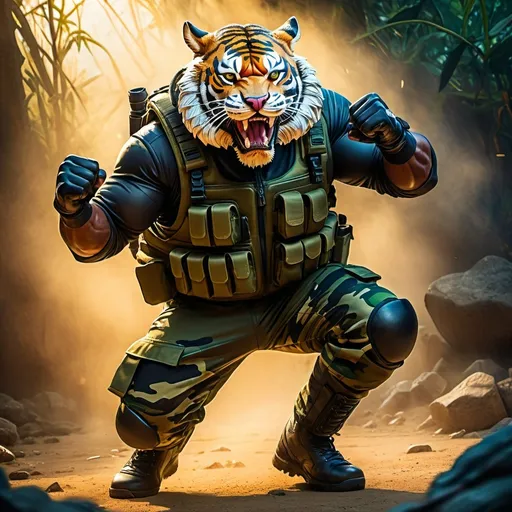 Prompt: (a dark-skinned bearded fat muscular old man in a bulky army camouflage zipper diver suit), raising fist, carrying a rifle, (wearing a small-sized realistic roaring tiger mask), dynamic action pose, fierce expression, showcasing an imposing stature, surrounded by military elements, dramatic shadows and intense highlights, cinematic color tones, high detail, powerful, art influenced by Bruce Onobrakpeya and Stanley Artgerm, ultra-detailed, best quality image, action-packed atmosphere. fighting stance. field background