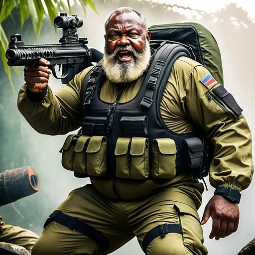 Prompt: (a dark-skinned bearded tall fat old man in a bulky army camouflage zipper diver suit) holding a gun, muscular, Bruce Onobrakpeya, sumatraism, stanley artgermm, action, fierce, snarling, best quality
