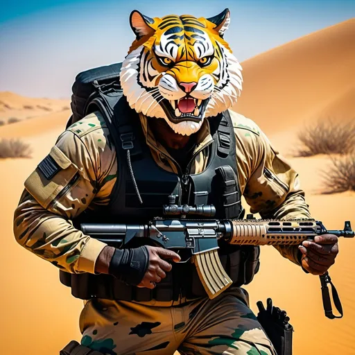 Prompt: (a dark-skinned bearded fat muscular old man in a bulky army camouflage zipper diver suit) holding a rifle, (wearing a small-sized realistic roaring tiger mask), dynamic action pose, fierce expression, showcasing an imposing stature, surrounded by military elements, dramatic shadows and intense highlights, cinematic color tones, high detail, powerful, art influenced by Bruce Onobrakpeya and Stanley Artgerm, ultra-detailed, best quality image, action-packed atmosphere. desert background