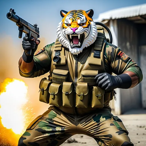 Prompt: (a dark-skinned bearded fat muscular old man in a bulky army camouflage zipper diver suit) shooting with guns and (wearing small-sized realistic roaring tiger mask), muscular, imposing stature, Bruce Onobrakpeya, sumatraism, stanley artgermm, action, fierce, snarling, best quality, powerful, awesome