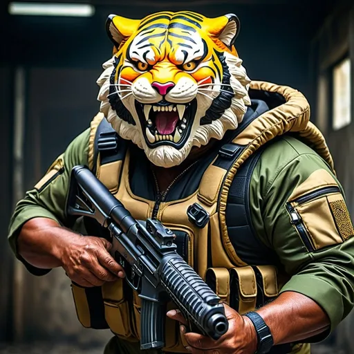 Prompt: (a dark-skinned bearded fat old man in a bulky camouflage zipper diver suit) holding a gun and (wearing proportionate realistic roaring tiger mask that show the wearer eyes), muscular, Bruce Onobrakpeya, sumatraism, stanley artgermm, action, a character portrait, heroic, fierce, snarling, best quality
