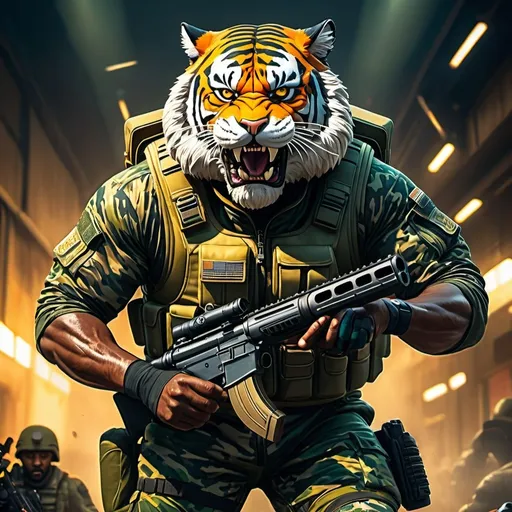 Prompt: (a dark-skinned bearded fat muscular old man in a bulky army camouflage zipper diver suit) holding a gun, (wearing a small-sized realistic roaring tiger mask), dynamic action pose, fierce expression, showcasing an imposing stature, surrounded by military elements, dramatic shadows and intense highlights, cinematic color tones, high detail, powerful, art influenced by Bruce Onobrakpeya and Stanley Artgerm, ultra-detailed, best quality image, action-packed atmosphere.