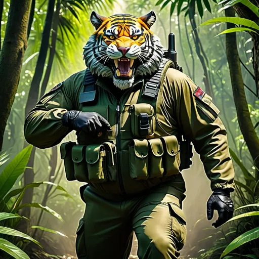 Prompt: (a dark-skinned bearded fat old man in army camouflage zipper diver suit) (wearing proportionate realistic roaring tiger mask that show the wearer eyes), thumbs up, carrying a gun holster on his right hip, walking in jungle, dynamic action pose, fierce expression, showcasing an imposing stature, surrounded by military elements, dramatic shadows and intense highlights, cinematic color tones, high detail, powerful, art influenced by Basuki Abdullah, ultra-detailed, best quality image, action-packed atmosphere.