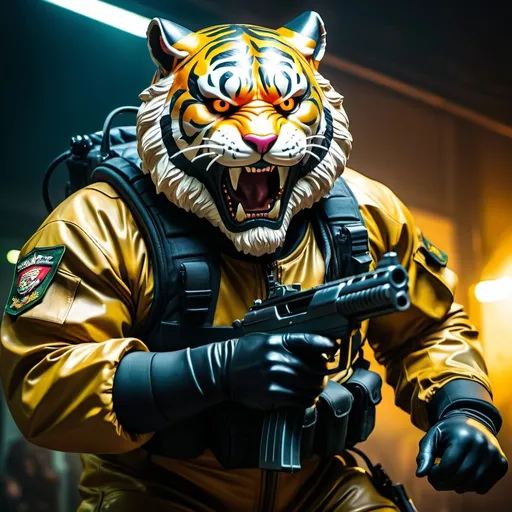 Prompt: (a dark-skinned bearded fat muscular old man in a bulky army camouflage zipper diver suit) holding a gun, (wearing a small-sized realistic roaring tiger mask), dynamic action pose, fierce expression, showcasing an imposing stature, surrounded by military elements, dramatic shadows and intense highlights, cinematic color tones, high detail, powerful, art influenced by Bruce Onobrakpeya and Stanley Artgerm, ultra-detailed, best quality image, action-packed atmosphere.