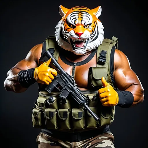 Prompt: (a dark-skinned fat muscular old man in a bulky camouflage zipper diver suit) carrying a gun inside of his belt holster and (wearing realistic roaring siberian tiger mask), thumbs up, muscular, Basuki Abdullah, sumatraism, action, a character portrait, heroic, fierce, snarling
