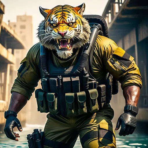 Prompt: (a dark-skinned bearded fat muscular old man in a bulky army camouflage zipper diver suit) holding an assault rifle, (wearing a small-sized realistic roaring tiger mask), dynamic action pose, fierce expression, showcasing an imposing stature, surrounded by military elements, dramatic shadows and intense highlights, cinematic color tones, high detail, powerful, art influenced by Bruce Onobrakpeya and Stanley Artgerm, ultra-detailed, best quality image, action-packed atmosphere, surfacing from the sea.