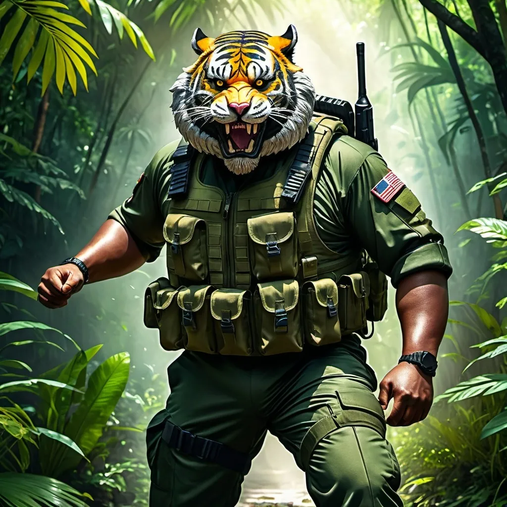 Prompt: (a dark-skinned bearded fat old man in army camouflage zipper diver suit) (wearing proportionate realistic roaring tiger mask that show the wearer eyes), raising fist, carrying a gun holster on his right hip, walking in jungle, dynamic action pose, fierce expression, showcasing an imposing stature, surrounded by military elements, dramatic shadows and intense highlights, cinematic color tones, high detail, powerful, art influenced by Basuki Abdullah, ultra-detailed, best quality image, action-packed atmosphere.