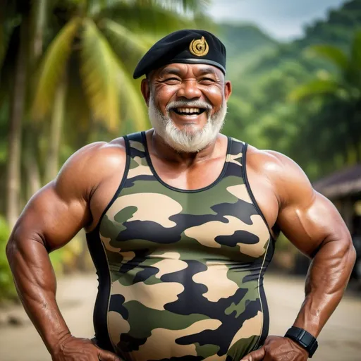 Prompt: (a dark-skinned bearded fat old man in camouflage skintight wetsuit) flexing his biceps, (wearing army beret on his head), smiling, muscular, toned muscles, imposing stature, Basuki Abdullah, sumatraism, action, a character portrait
