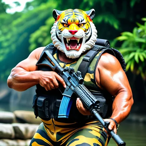 Prompt: (a dark-skinned bearded fat old man in a bulky camouflage zipper diver suit) holding a gun and (wearing proportionate realistic roaring tiger mask that show the wearer eyes), muscular, Basuki Abdullah, sumatraism, muscular physique, imposing stature,  action, a character portrait, heroic, fierce, snarling, best quality
