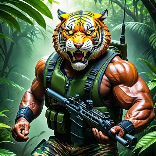 Prompt: (a dark-skinned bearded muscular fat old man in a camouflage zipper diver suit) (wearing proportionate realistic roaring tiger mask that show the wearer eyes), holding a rifle, muscular, Bruce Onobrakpeya, sumatraism, stanley artgermm, muscular physique, imposing stature,  action, heroic, fierce, snarling, vibrant colors, deep shadows, intense lighting, dramatic atmosphere, jungle background with verdant greenery, visual depth, lucid detail, ultra-detailed, ultra-realistic, professional, best quality.