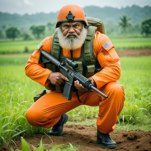 Prompt: (a dark-skinned bearded muscular chubby old man in orange pilot suit), (wearing green army helmet) crouching in a field with a gun, wearing army boots, imposing stature, muscular physique, toned muscles, Basuki Abdullah, sumatraism, action, a character portrait, heroic, fierce, angry, intense