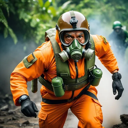Prompt: (a dark-skinned bearded chubby  old man in orange zipper pilot suit), wearing rescue gear, wearing green army pilot helmet and gas mask, running, shooting with a gun, imposing physique, muscular, toned muscles, Basuki Abdullah, sumatraism, action, a character portrait, heroic, fierce, shouting, intense