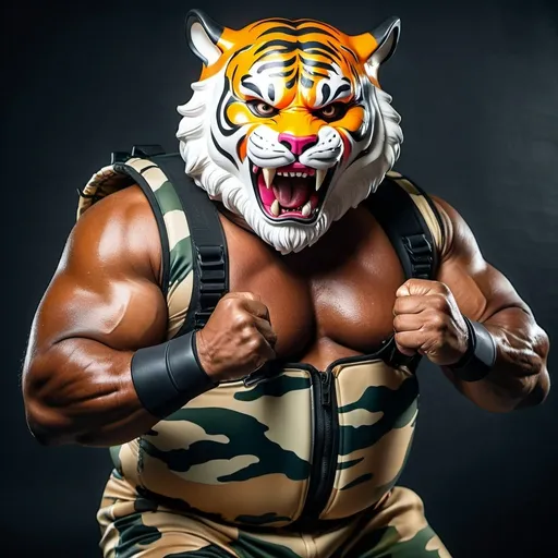 Prompt: (a dark-skinned bearded fat old man in camouflage diver suit) flexing his biceps, (wearing roaring tiger mask), muscular, toned muscles, imposing stature, sumatraism, action, a character portrait, clenching fists, snarling
