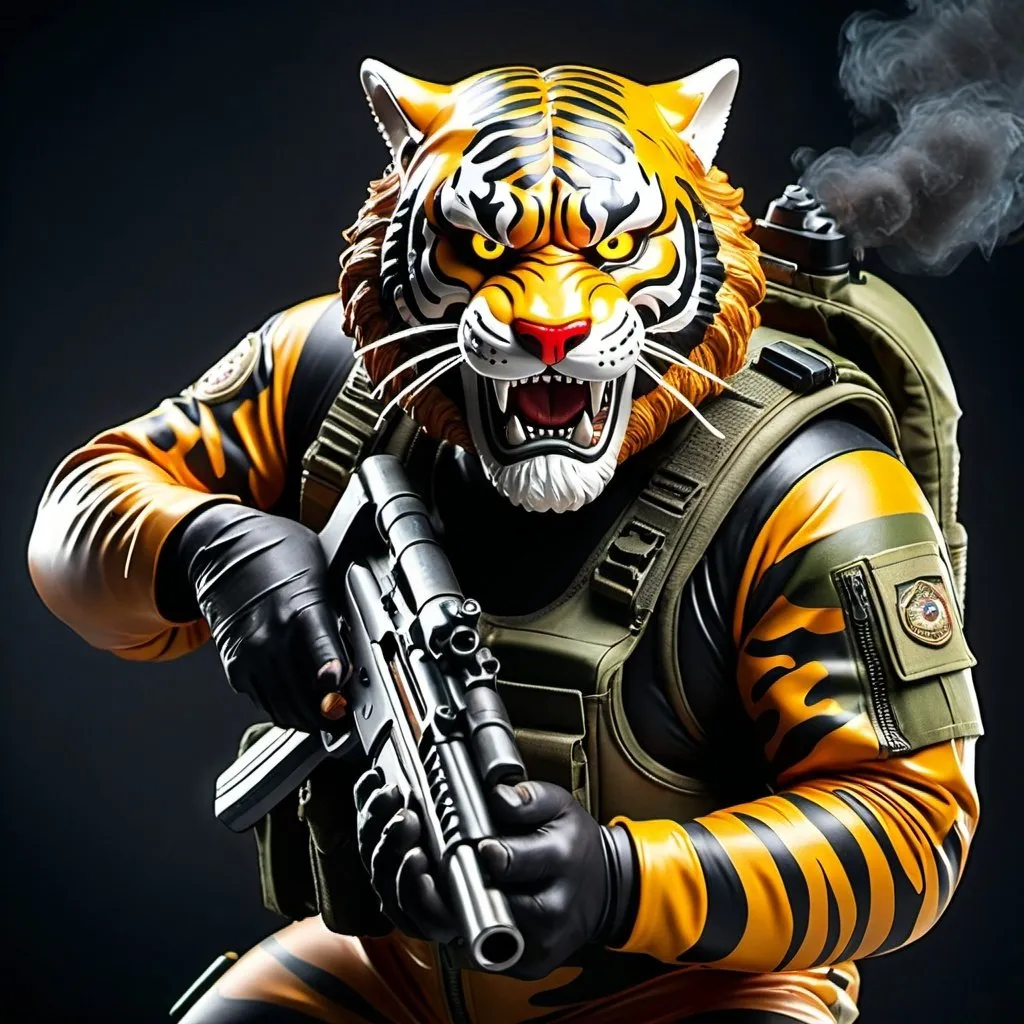 Prompt: (a dark-skinned bearded fat old man in a bulky camouflage zipper diver suit) holding a gun and (wearing realistic roaring tiger mask that show the wearer eyes), muscular, Basuki Abdullah, sumatraism, action, a character portrait, heroic, fierce, snarling, best quality
