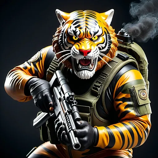 Prompt: (a dark-skinned bearded fat old man in a bulky camouflage zipper diver suit) holding a gun and (wearing realistic roaring tiger mask that show the wearer eyes), muscular, Basuki Abdullah, sumatraism, action, a character portrait, heroic, fierce, snarling, best quality
