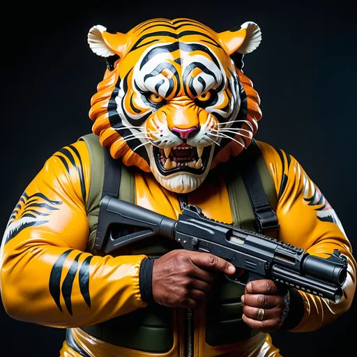 Prompt: (a dark-skinned bearded fat old man in a bulky camouflage zipper diver suit) holding a gun and (wearing proportionate realistic roaring tiger mask that show the wearer eyes), muscular, Bruce Onobrakpeya, sumatraism, stanley artgermm, action, a character portrait, heroic, fierce, snarling, best quality
