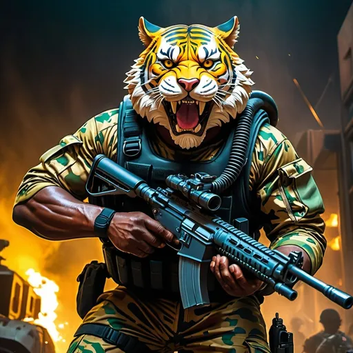 Prompt: (a dark-skinned bearded fat muscular old man in a bulky army camouflage zipper diver suit) holding a gun, (wearing a small-sized realistic roaring tiger mask), dynamic action pose, fierce expression, showcasing an imposing stature, surrounded by military elements, dramatic shadows and intense highlights, cinematic color tones, high detail, powerful, art influenced by Bruce Onobrakpeya and Stanley Artgerm, ultra-detailed, best quality image, action-packed atmosphere.