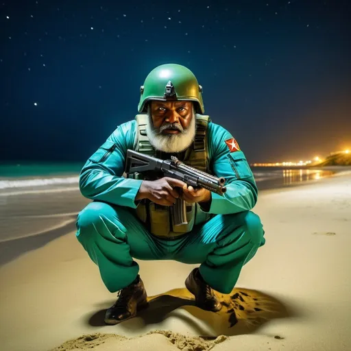 Prompt: (a dark-skinned bearded fat old man in a blue pilot suit) crouching in an empty beach at night, holding a gun and (wearing green army helmet on his head), muscular, Don Arday, sumatraism, action, a stock photo, 