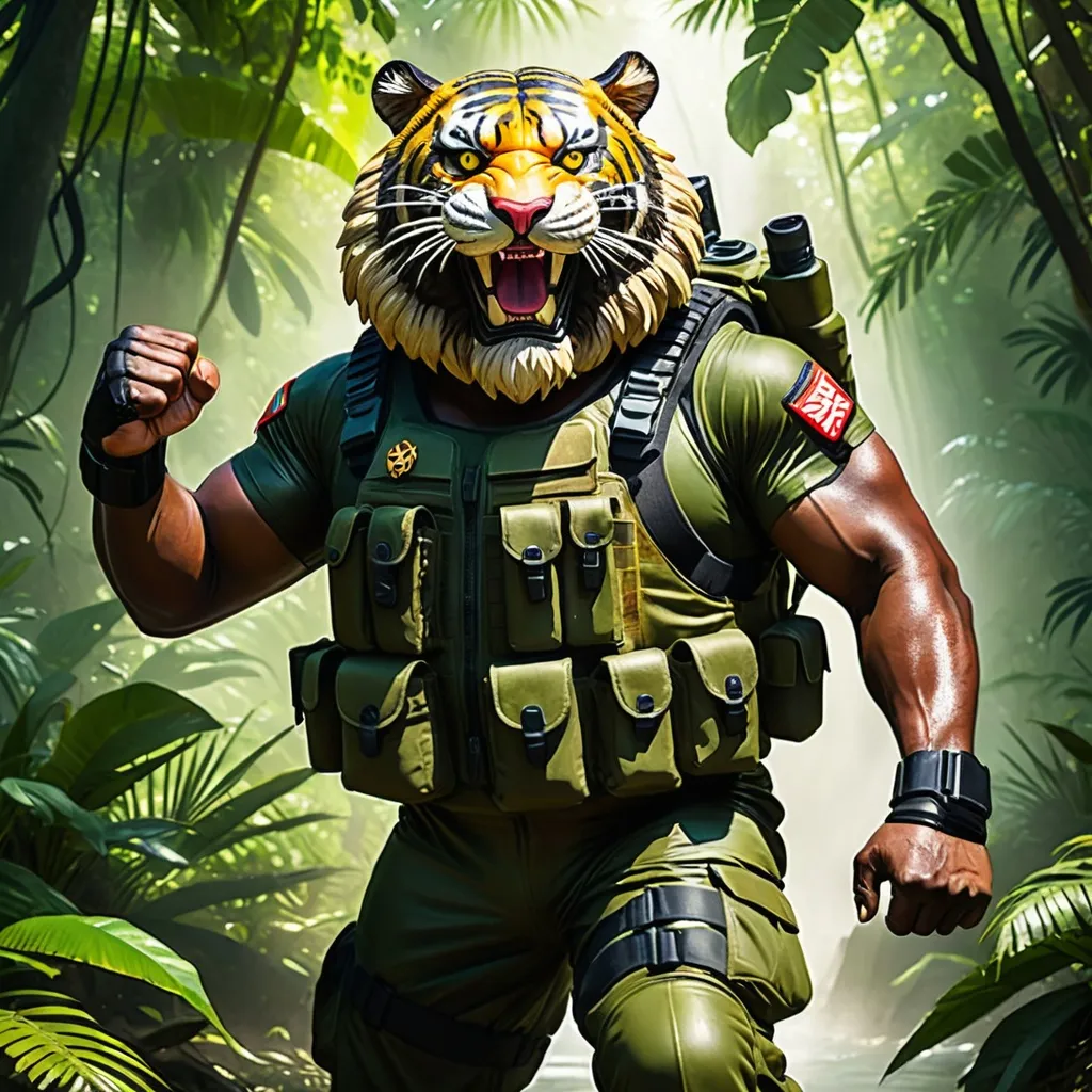 Prompt: (a dark-skinned bearded fat old man in army camouflage zipper diver suit) (wearing proportionate realistic roaring tiger mask that show the wearer eyes), raising fist, carrying a gun holster on his right hip, walking in jungle, dynamic action pose, fierce expression, showcasing an imposing stature, surrounded by military elements, dramatic shadows and intense highlights, cinematic color tones, high detail, powerful, art influenced by Basuki Abdullah, ultra-detailed, best quality image, action-packed atmosphere.