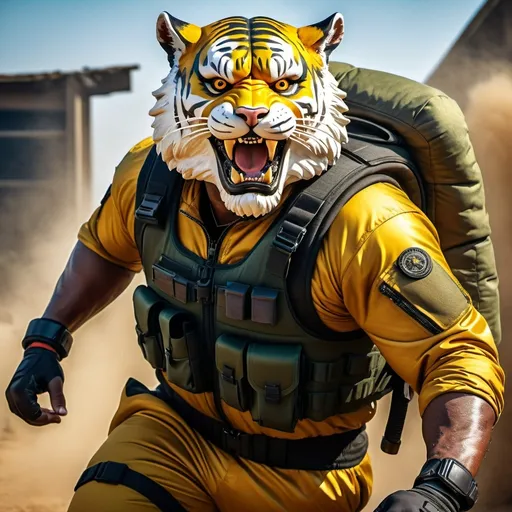 Prompt: (a dark-skinned bearded fat muscular old man in a bulky army camouflage zipper diver suit) holding a gun, (wearing a small-sized realistic roaring tiger mask), dynamic action pose, fierce expression, showcasing an imposing stature, surrounded by military elements, dramatic shadows and intense highlights, cinematic color tones, high detail, powerful, art influenced by Bruce Onobrakpeya and Stanley Artgerm, ultra-detailed, best quality image, action-packed atmosphere. running in prairie