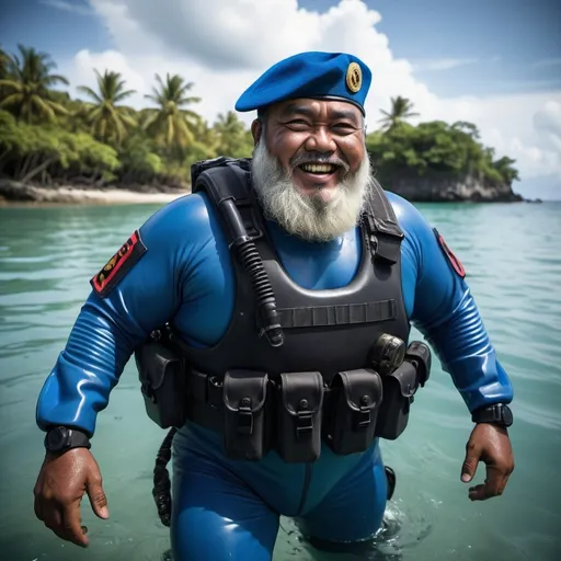 Prompt: (a dark-skinned bearded fat chubby old man in a bulky blue zipper diver suit) patrolling in the sea, carrying a gun and (wearing army beret), muscular, Basuki Abdullah, sumatraism, action-packed atmosphere, a character portrait, heroic, fierce expression, smiling, dramatic shadows and intense highlights, cinematic color tones, high detail, professional, best quality image
