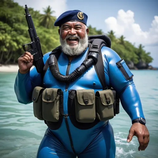 Prompt: (a dark-skinned bearded fat chubby old man in a bulky blue zipper diver suit) patrolling in the sea, carrying a gun and (wearing army beret), muscular, Basuki Abdullah, sumatraism, action-packed atmosphere, a character portrait, heroic, fierce expression, smiling, dramatic shadows and intense highlights, cinematic color tones, high detail, professional, best quality image
