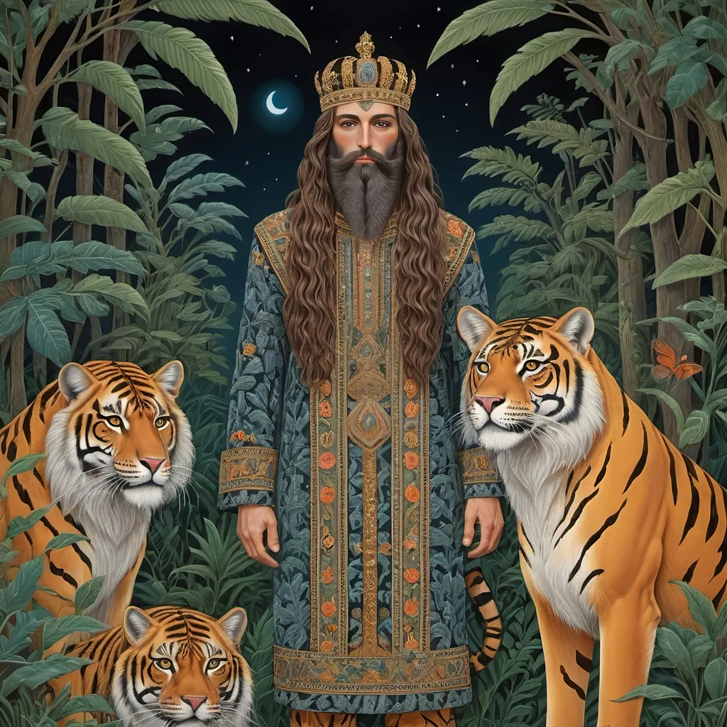 Prompt: he is a persian king with long hair and beard with night animals in jungle, tiger, wolf and leopard included style of Nicholas Hughes, Genevieve Godbout, Morris Hirshfield, Robert Gillmor, Amy Giacomelli. Extremely detailed, intricate, beautiful, 3d, high definition 