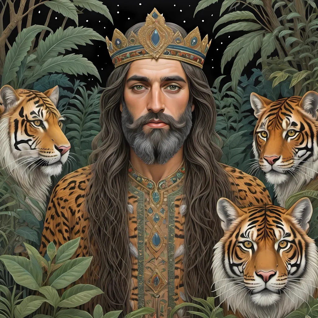 Prompt: he is a persian king with long hair and beard with night animals in jungle, tiger, wolf and leopard included style of Nicholas Hughes, Genevieve Godbout, Morris Hirshfield, Robert Gillmor, Amy Giacomelli. Extremely detailed, intricate, beautiful, 3d, high definition 