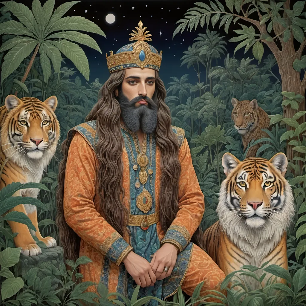 Prompt: he is a persian king with long hair and beard with night animals in jungle, tiger, wolf and leopard included style of Nicholas Hughes, Genevieve Godbout, Morris Hirshfield, Robert Gillmor, Amy Giacomelli. Extremely detailed, intricate, beautiful, 3d, high definition 