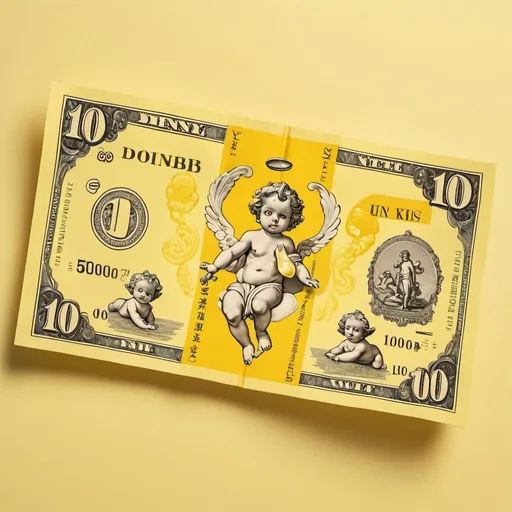 Prompt: A photo of a yellow 100$ banknote, urine themed banknote, banknote with many cherubs on them, cherubs seen peeing, toilet decorations are on the banknote, toilet aesthetic, yellow color theme, pastel aesthetic, colorful