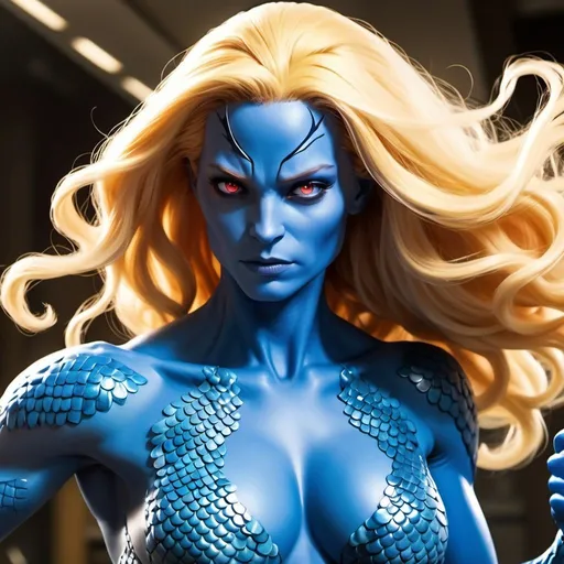 Prompt: Mystique from X-Men in the middle of her transformation, transforming into a beautiful blonde girl, science fiction, blue scaley skin, scales moving during transformation, scales all around the skin, no shirt, half-blue half-white skin, half-red half-blonde hair, one yellow one blue eye, motion