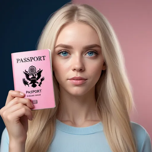 Prompt: A light colored blonde haired blue eyed woman holding a passport in her hand facing the camera, the passport is light pink, realistic, 4k, cover includes a coquette style bow, cover that says “Passport”