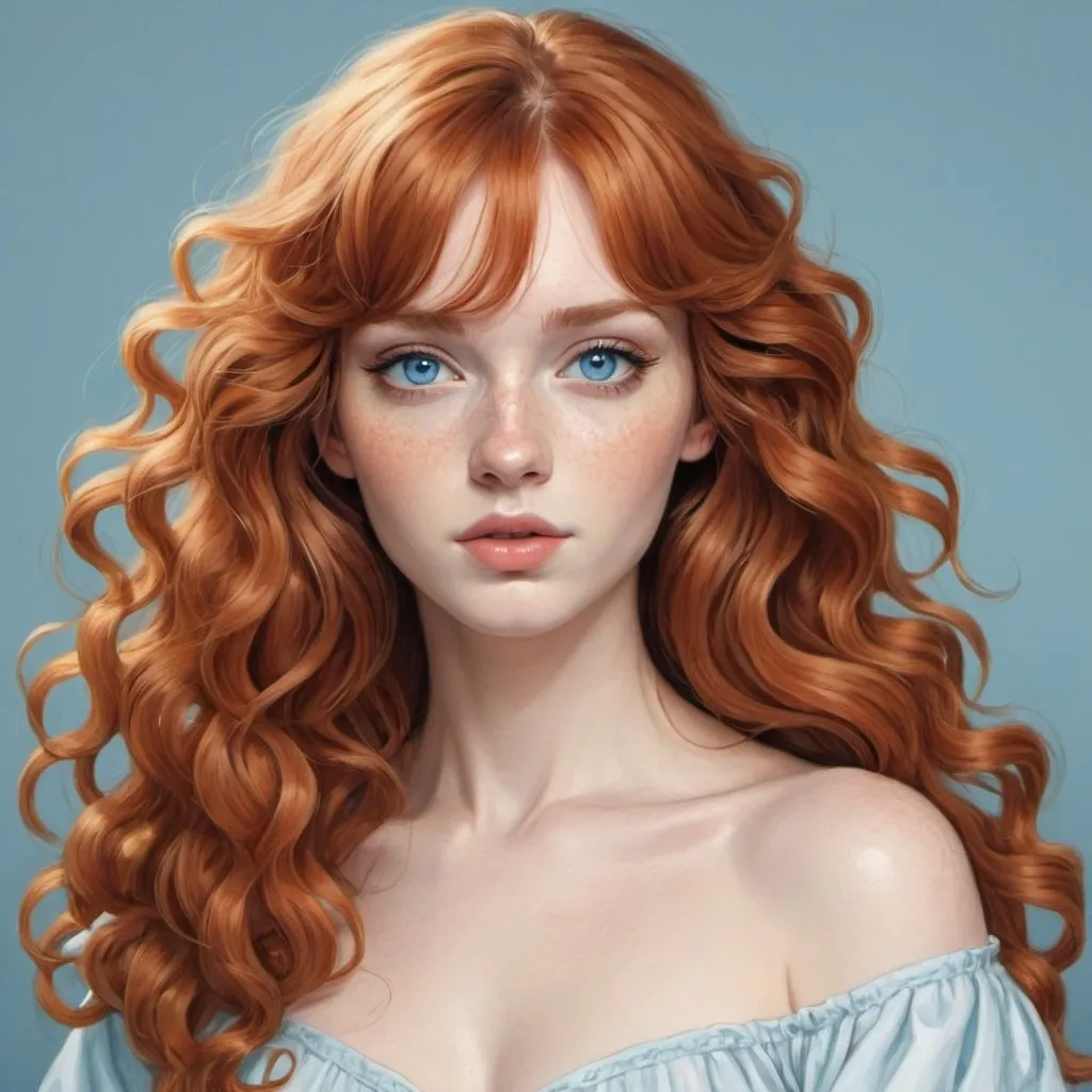 Prompt: A drawing of the Goddess of Love, Ginger wavy hair with bangs, blue eyes