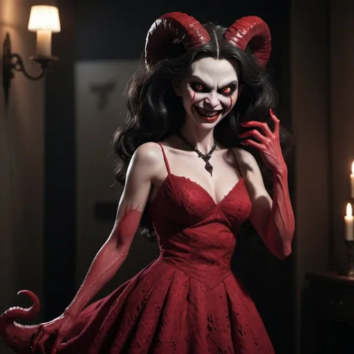Prompt: Biblically accurate demon, feminine, high heels, dramatic lighting, red aesthetic, dress made of flesh, demon tail, big pitch-black eyes, scary smile, sharp teeth, dark environment, the lipstick-face demon from insidious movie, the red-faced demon, face up-close, black frizzy hair, sharp claw like fingers, pitch-black skin