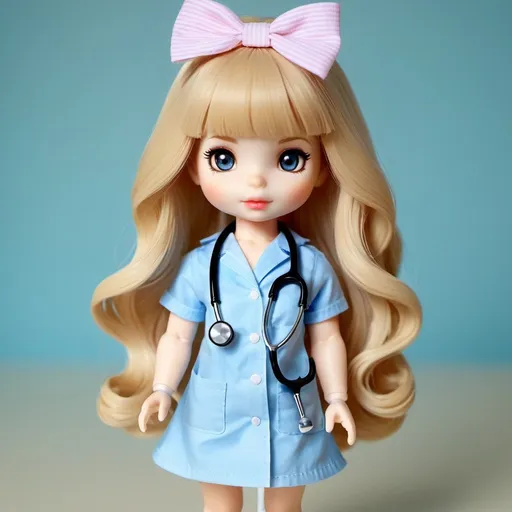 Prompt: 4 Sylvanian drama toys in scrubs, 4 feminine Sylvanian drama toys, pastel aesthetic, cute photoshoot, high heels, long black eyeliner, hair bow, blonde wavy hair with bangs, blue gorgeous eyes, big round eyes, ultra-detailed, girly, adorable, wavy hair, high quality, detailed eyes, professional, soft lighting, red lips, stethoscope around neck 