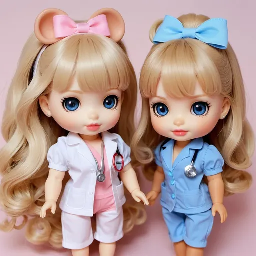 Prompt: 4 Sylvanian drama toys next to each other in scrubs, 4 feminine Sylvanian drama toys next to each other, pastel aesthetic, cute photoshoot, high heels, long black eyeliner, hair bow, blonde wavy hair with bangs, blue gorgeous eyes, big round eyes, ultra-detailed, girly, adorable, wavy hair, high quality, detailed eyes, professional, soft lighting, red lips, stethoscope around neck 