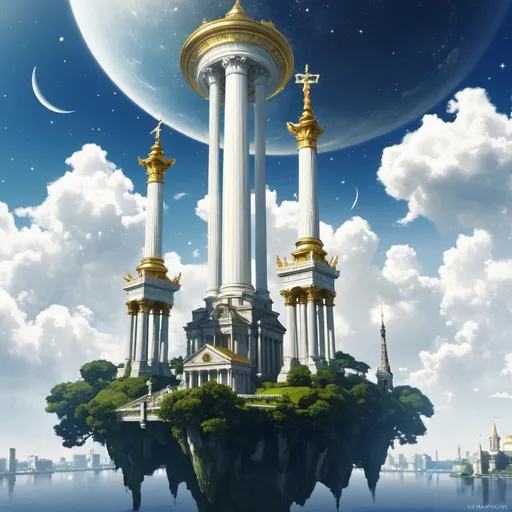 Prompt: Many small floating islands circling a bigger floating island in the middle of the sky, high up in the sky, tall celestial buildings with golden and white hues, bridges between islands, ancient greek buildings aesthetic, at the center is a tall building, a digital painting of a futuristic city on a floating island with a tower and a clock on top of it, Epsylon Point, sots art, bravely default inspired, concept art, floating white tall columns