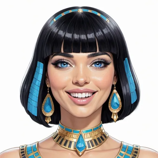 Prompt: A drawing of Cleopatra smiling, black bob hair with bangs, blue eyes, fair skin, long black eyeliner, a big chunk of diamond in her mouth, white background